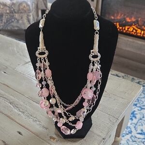 Chic Multi-Strand Pink and Silver Crystal Statement Necklace